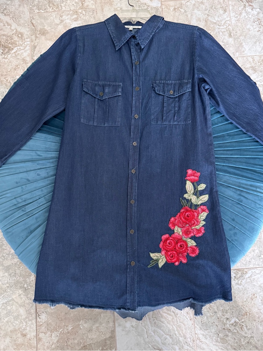 Shirt Dress, Lightweight, Blue Denim Colored w/ 3-D Red Rose Embroidery, Size M